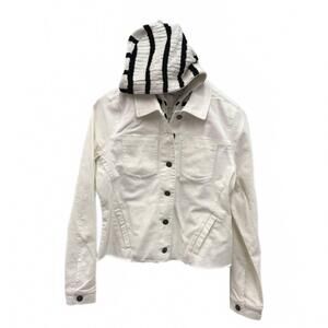 NEW J. SOCIETY women's two-fer jean hooded jacket in white/stripe